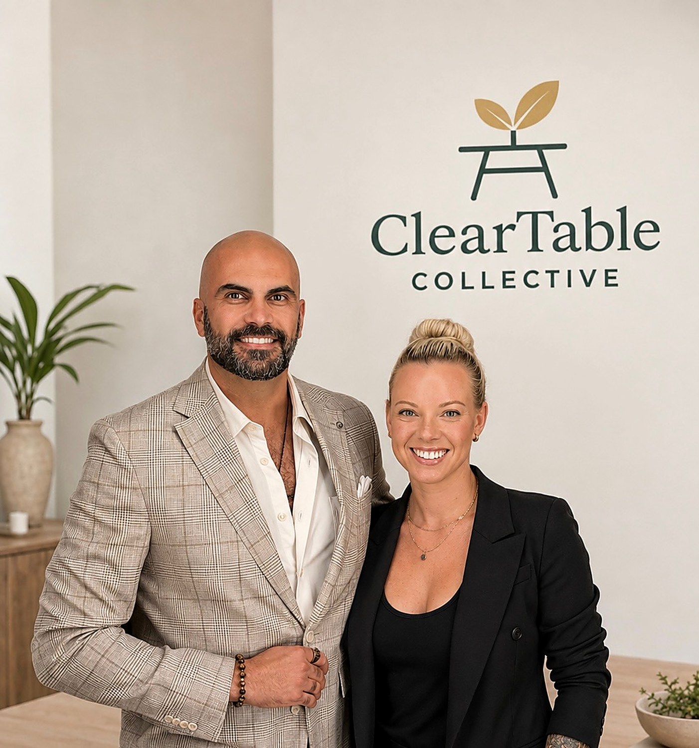 Courtney and Dr. Yousef Mohammadi of ClearTable Collective, in front of the ClearTable logo
